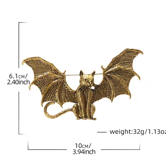 Gothic Bat Cat Brass Brooch - Picture 12 of 12